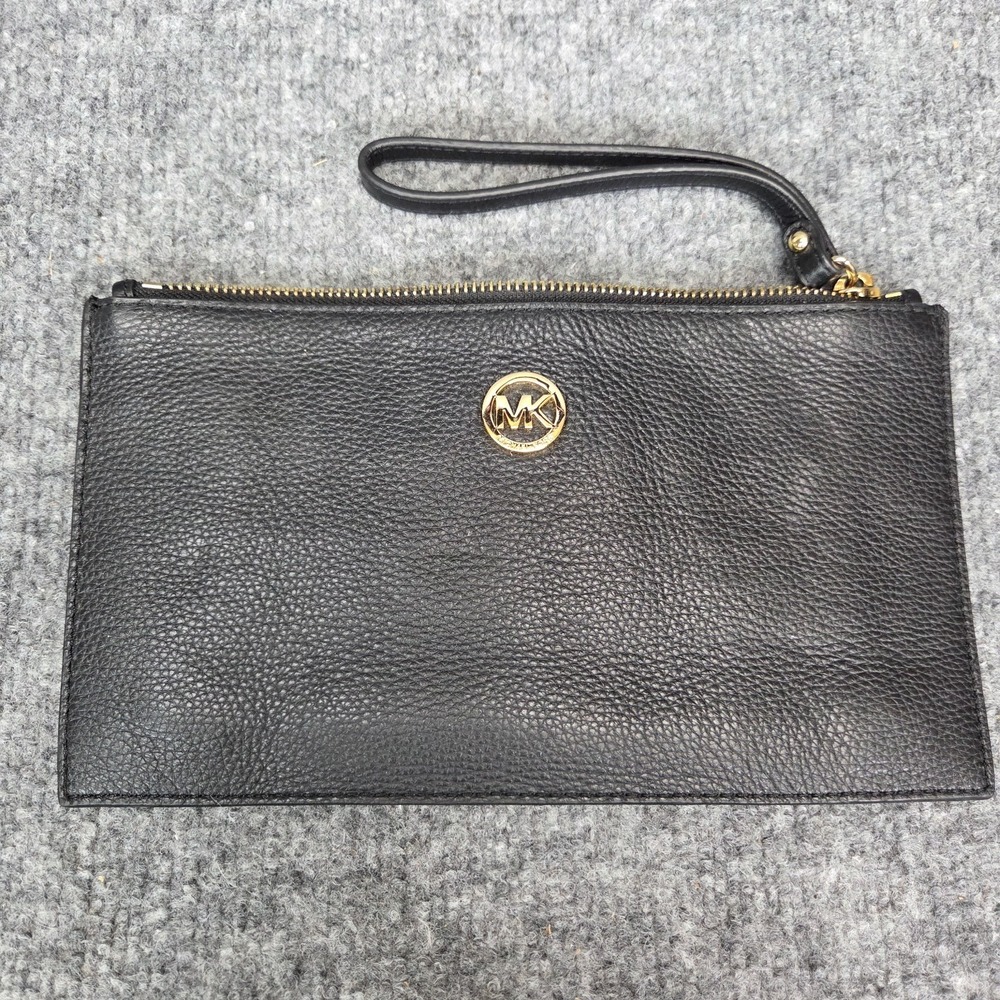 Michael Kors Fulton Travel Wristlet Black Pebbled Leather Pouch Makeup Bag MK